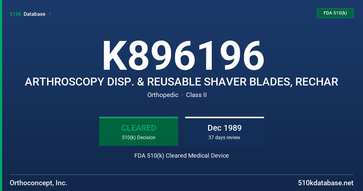 K896196 ARTHROSCOPY DISP. & REUSABLE SHAVER BLADES, RECHAR FDA 510(k) Cleared Medical Device