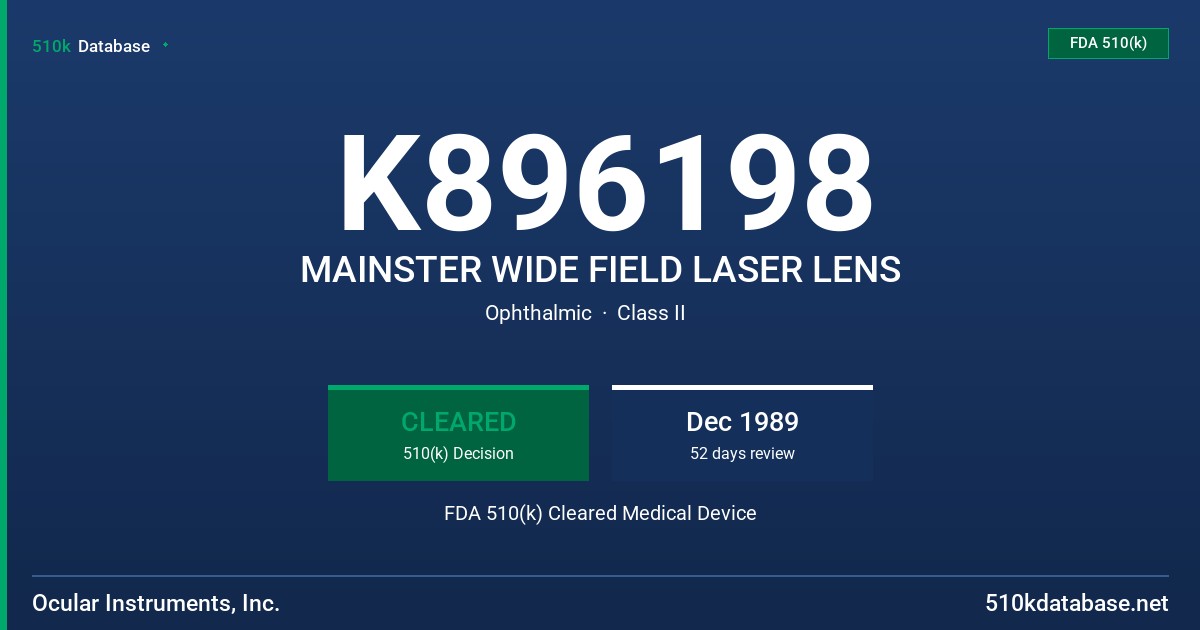K896198 MAINSTER WIDE FIELD LASER LENS FDA 510(k) Cleared Medical Device