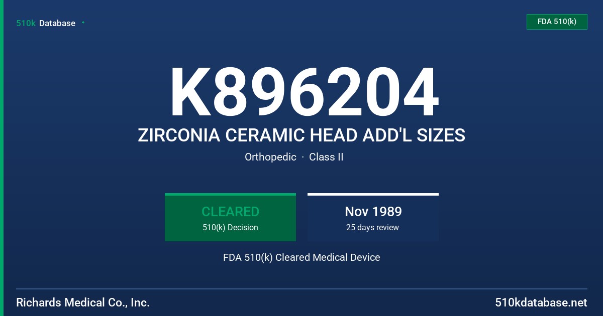 K896204 ZIRCONIA CERAMIC HEAD ADD'L SIZES FDA 510(k) Cleared Medical Device