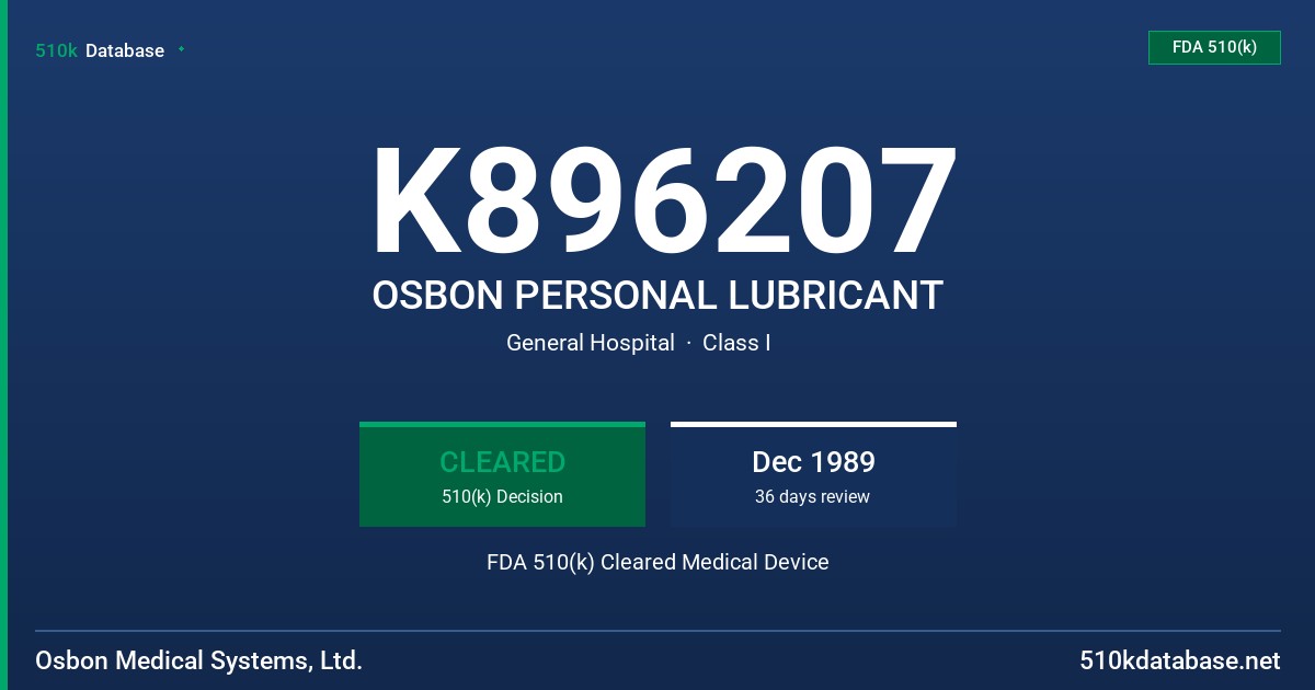 K896207 OSBON PERSONAL LUBRICANT FDA 510(k) Cleared Medical Device