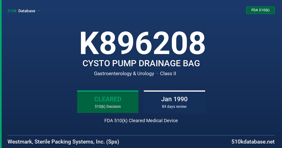 K896208 CYSTO PUMP DRAINAGE BAG FDA 510(k) Cleared Medical Device