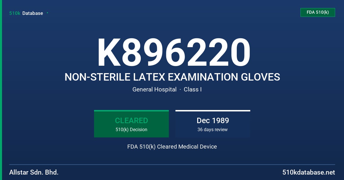 K896220 NON-STERILE LATEX EXAMINATION GLOVES FDA 510(k) Cleared Medical Device
