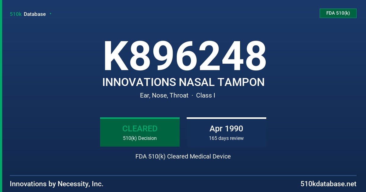 K896248 INNOVATIONS NASAL TAMPON FDA 510(k) Cleared Medical Device