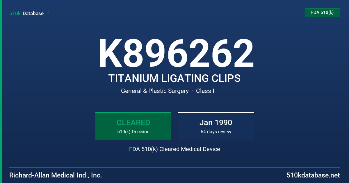 K896262 TITANIUM LIGATING CLIPS FDA 510(k) Cleared Medical Device