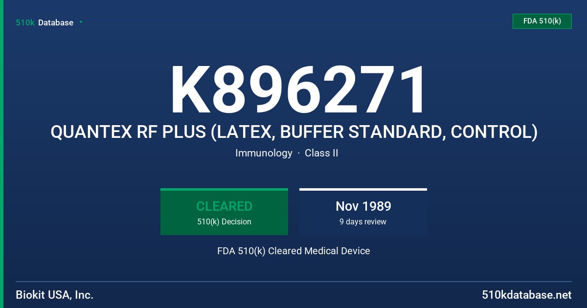K896271 QUANTEX RF PLUS (LATEX, BUFFER STANDARD, CONTROL) FDA 510(k) Cleared Medical Device