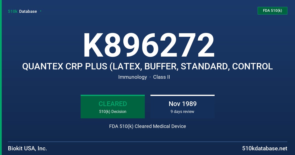 K896272 QUANTEX CRP PLUS (LATEX, BUFFER, STANDARD, CONTROL FDA 510(k) Cleared Medical Device