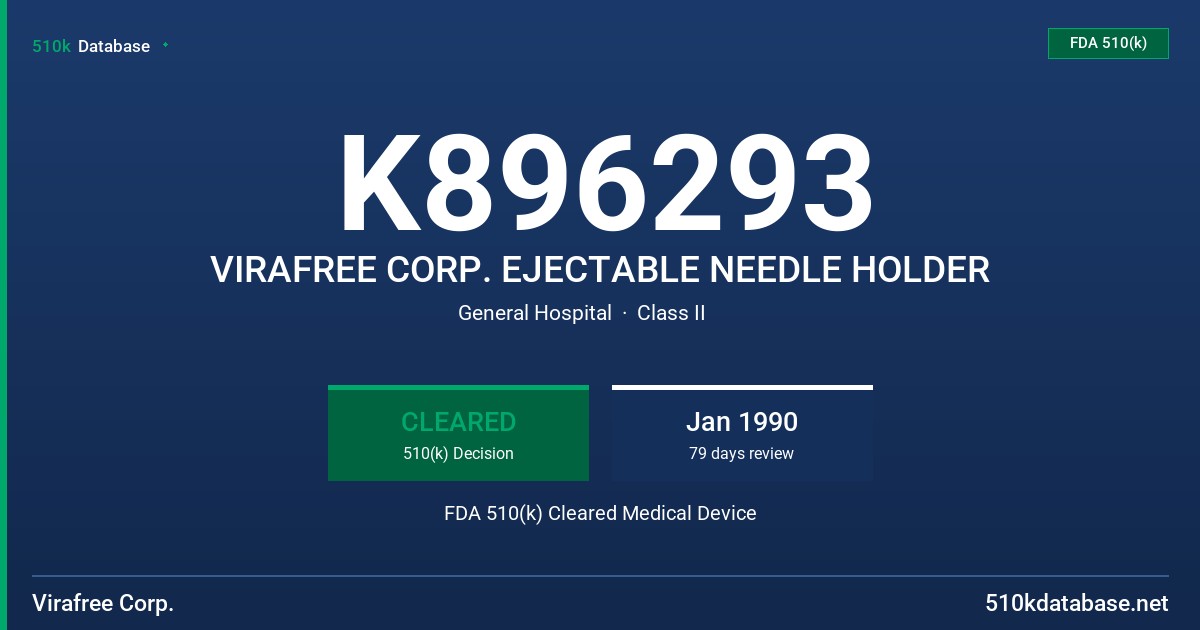 K896293 VIRAFREE CORP. EJECTABLE NEEDLE HOLDER FDA 510(k) Cleared Medical Device