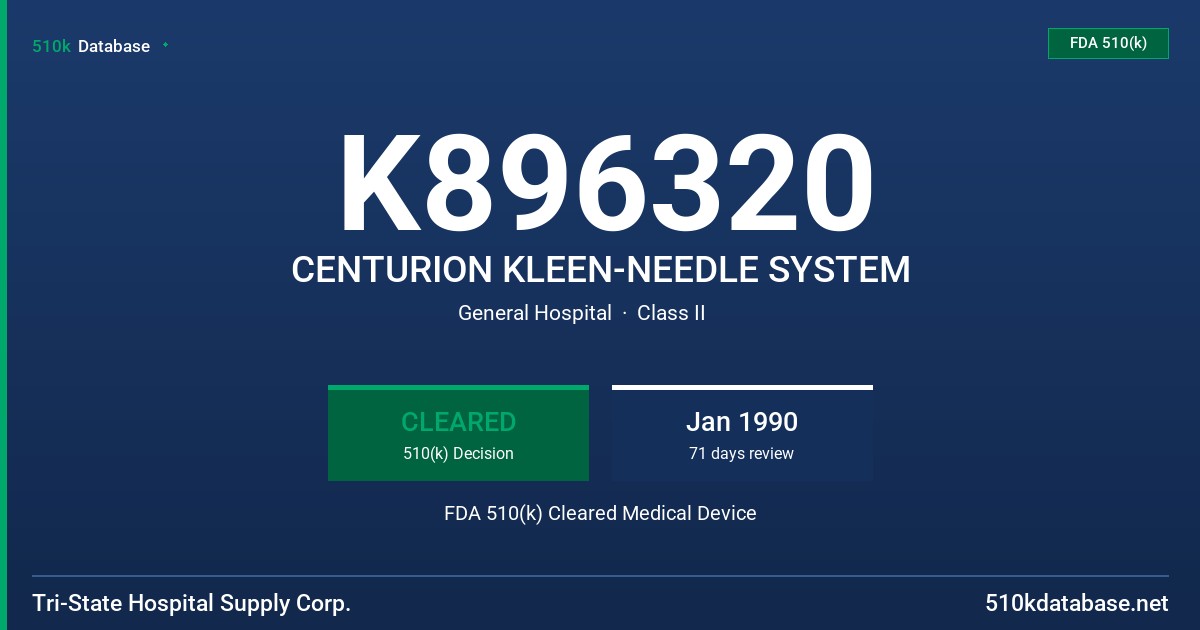 K896320 CENTURION KLEEN-NEEDLE SYSTEM FDA 510(k) Cleared Medical Device