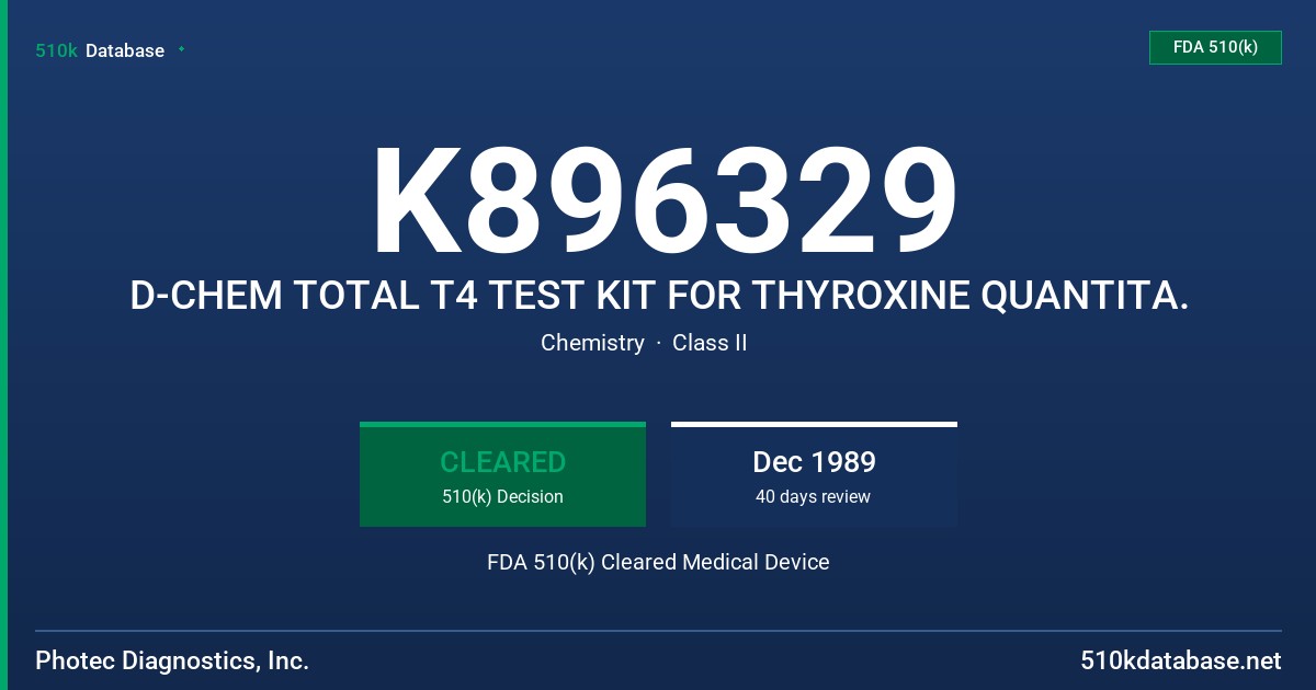 K896329 D-CHEM TOTAL T4 TEST KIT FOR THYROXINE QUANTITA. FDA 510(k) Cleared Medical Device