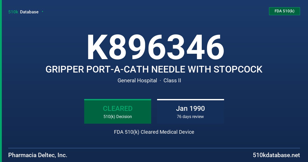 K896346 GRIPPER PORT-A-CATH NEEDLE WITH STOPCOCK FDA 510(k) Cleared Medical Device