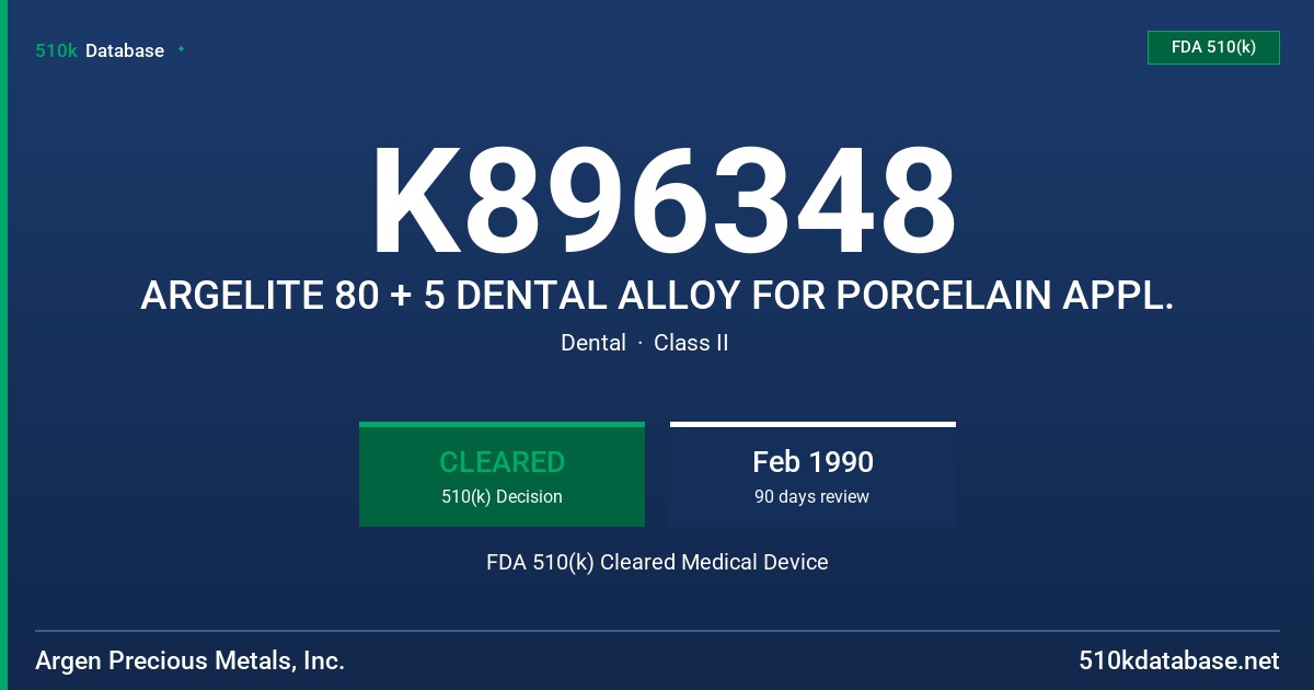 K896348 ARGELITE 80 + 5 DENTAL ALLOY FOR PORCELAIN APPL. FDA 510(k) Cleared Medical Device