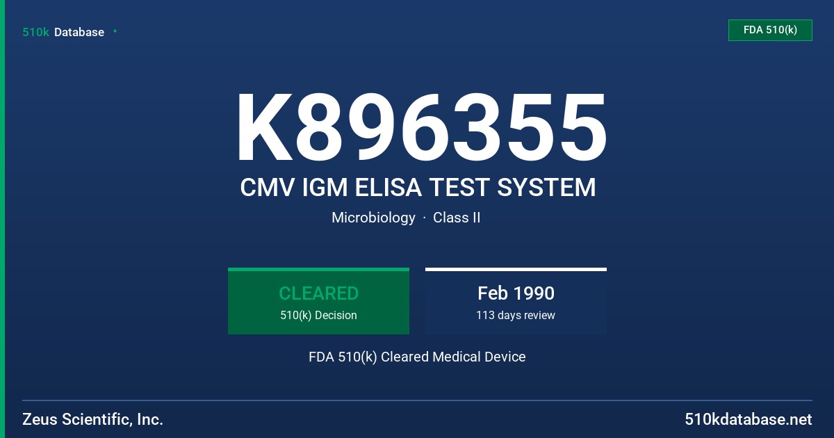 K896355 CMV IGM ELISA TEST SYSTEM FDA 510(k) Cleared Medical Device