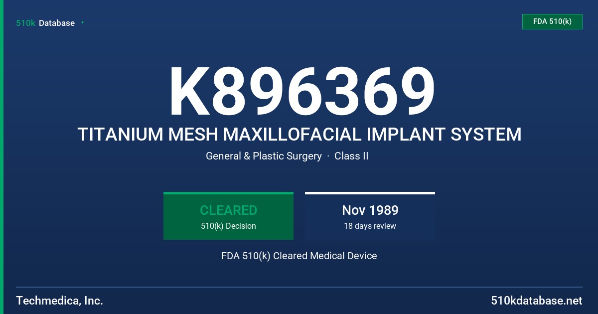 K896369 TITANIUM MESH MAXILLOFACIAL IMPLANT SYSTEM FDA 510(k) Cleared Medical Device