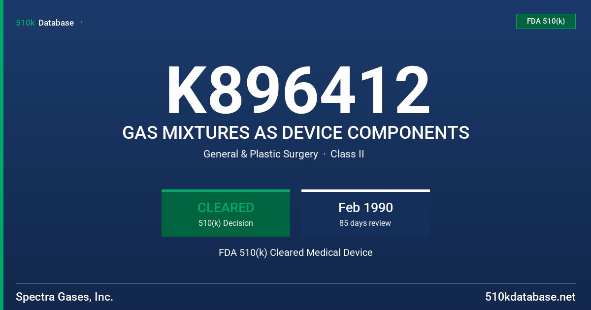 K896412 GAS MIXTURES AS DEVICE COMPONENTS FDA 510(k) Cleared Medical Device
