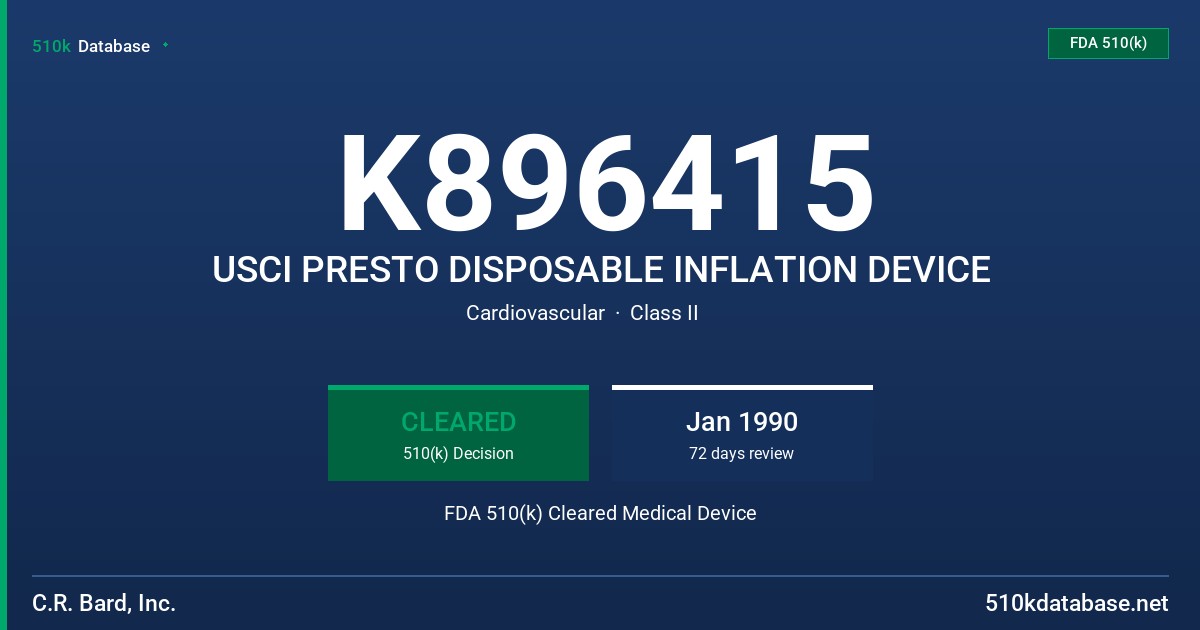 K896415 USCI PRESTO DISPOSABLE INFLATION DEVICE FDA 510(k) Cleared Medical Device