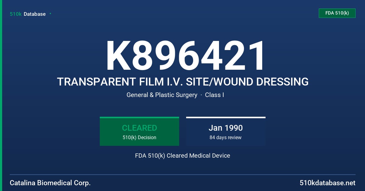 K896421 TRANSPARENT FILM I.V. SITE/WOUND DRESSING FDA 510(k) Cleared Medical Device