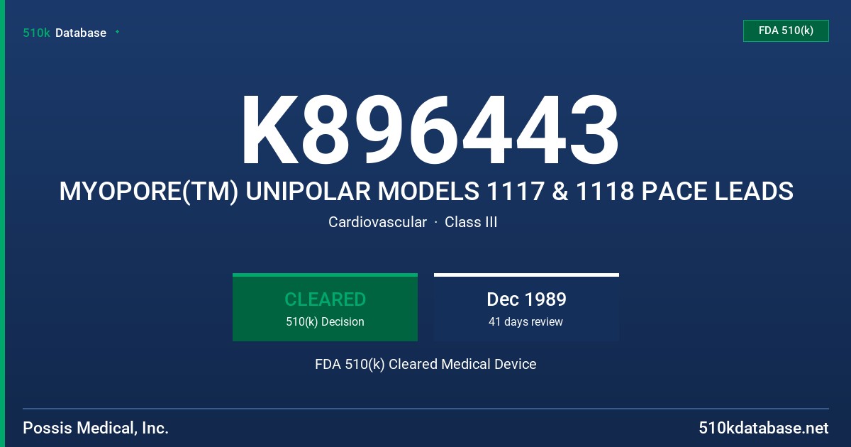K896443 MYOPORE(TM) UNIPOLAR MODELS 1117 & 1118 PACE LEADS FDA 510(k) Cleared Medical Device