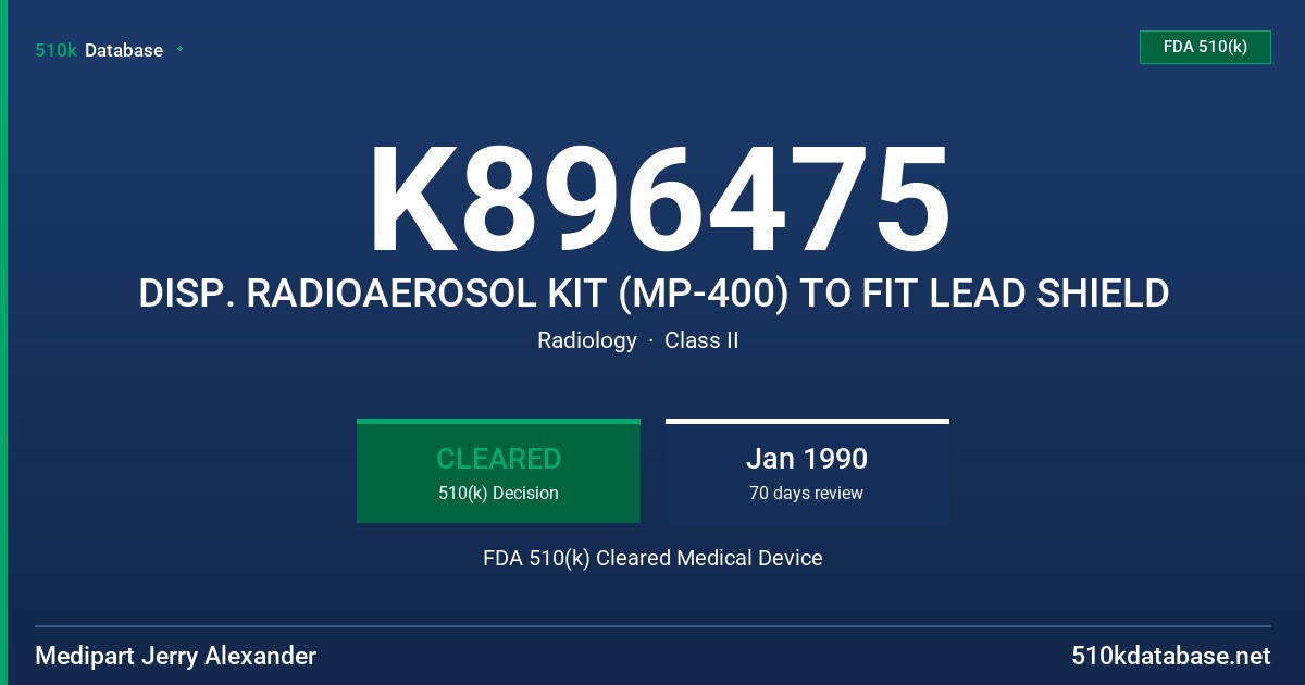 K896475 DISP. RADIOAEROSOL KIT (MP-400) TO FIT LEAD SHIELD FDA 510(k) Cleared Medical Device