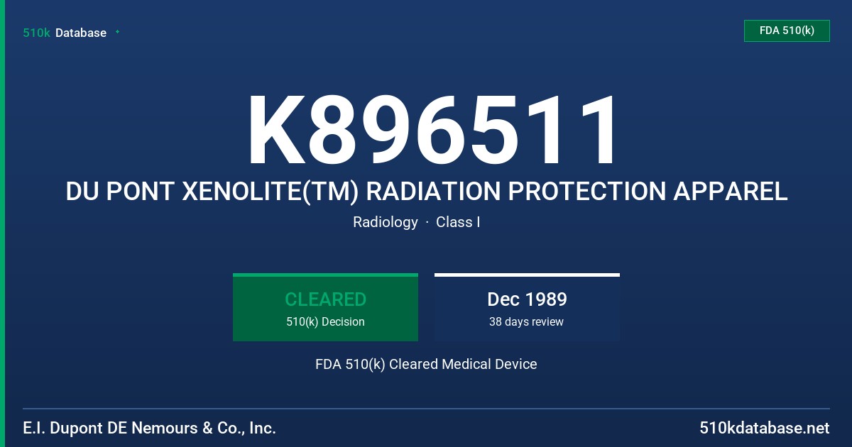 K896511 DU PONT XENOLITE(TM) RADIATION PROTECTION APPAREL FDA 510(k) Cleared Medical Device