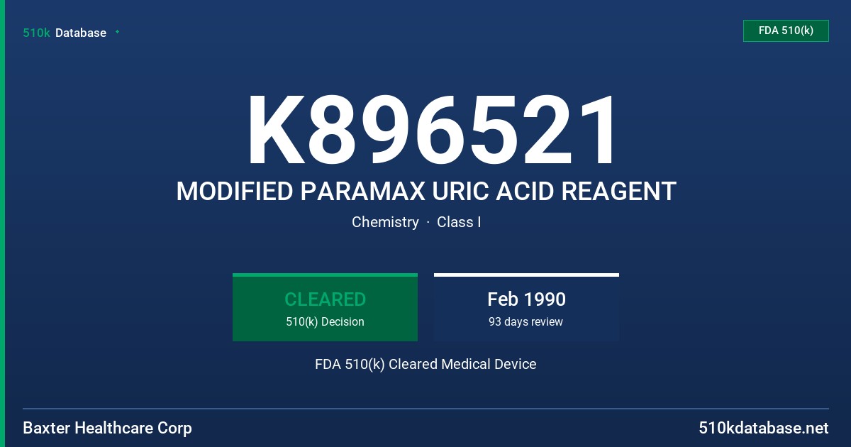 K896521 MODIFIED PARAMAX URIC ACID REAGENT FDA 510(k) Cleared Medical Device