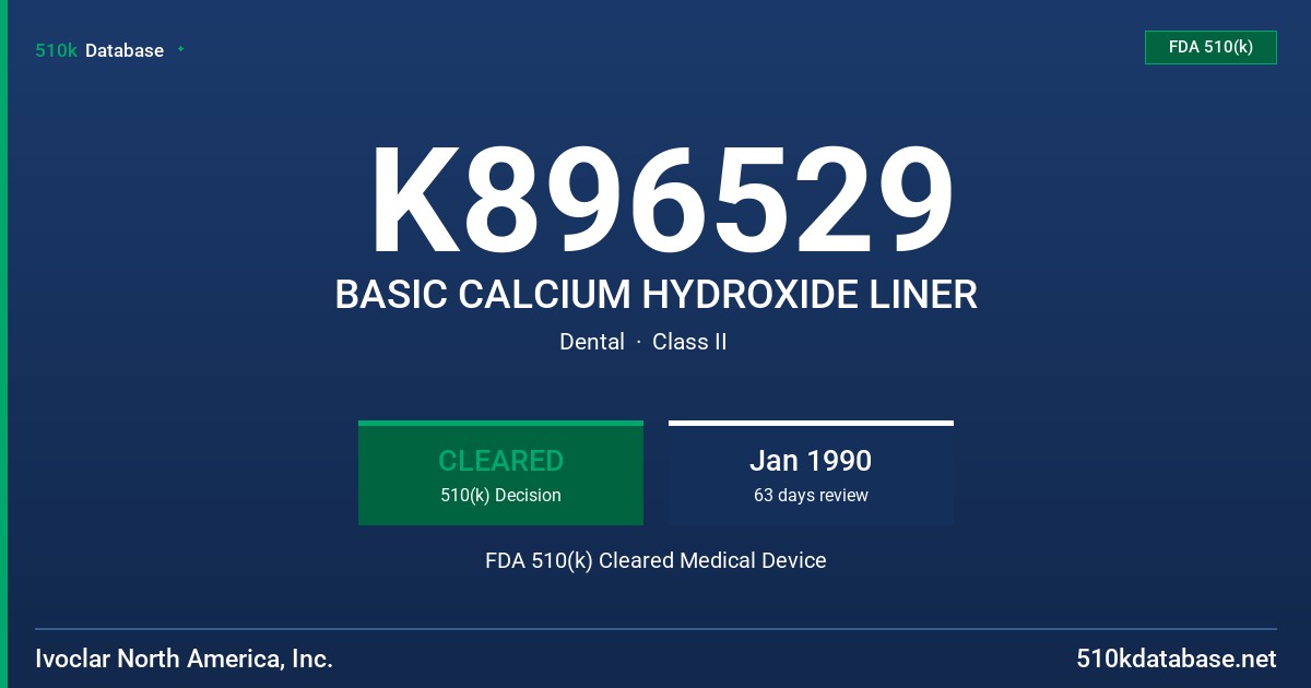 K896529 BASIC CALCIUM HYDROXIDE LINER FDA 510(k) Cleared Medical Device