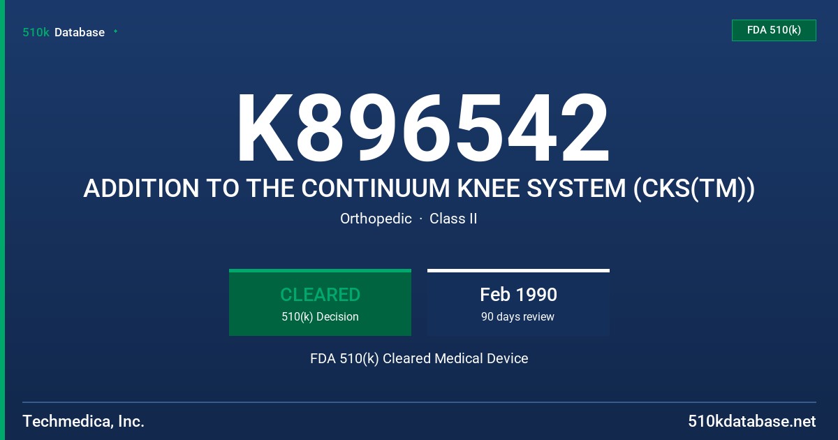 K896542 ADDITION TO THE CONTINUUM KNEE SYSTEM (CKS(TM)) FDA 510(k) Cleared Medical Device