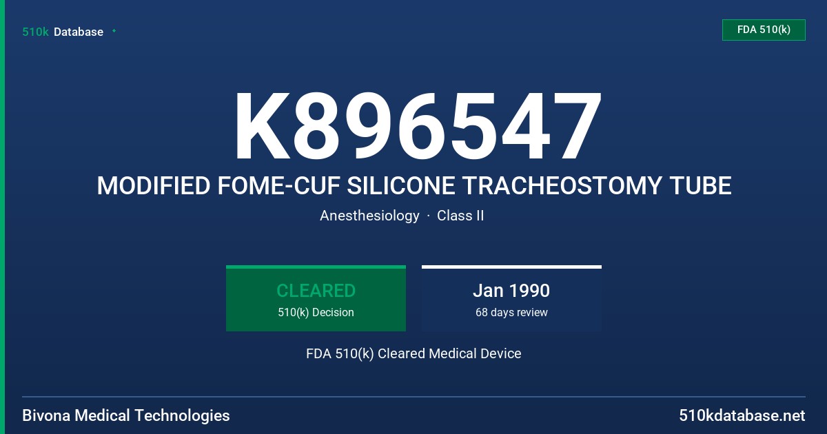 K896547 MODIFIED FOME-CUF SILICONE TRACHEOSTOMY TUBE FDA 510(k) Cleared Medical Device