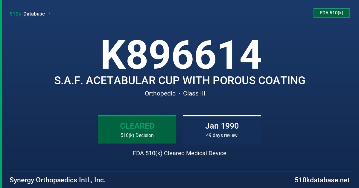 K896614 S.A.F. ACETABULAR CUP WITH POROUS COATING FDA 510(k) Cleared Medical Device
