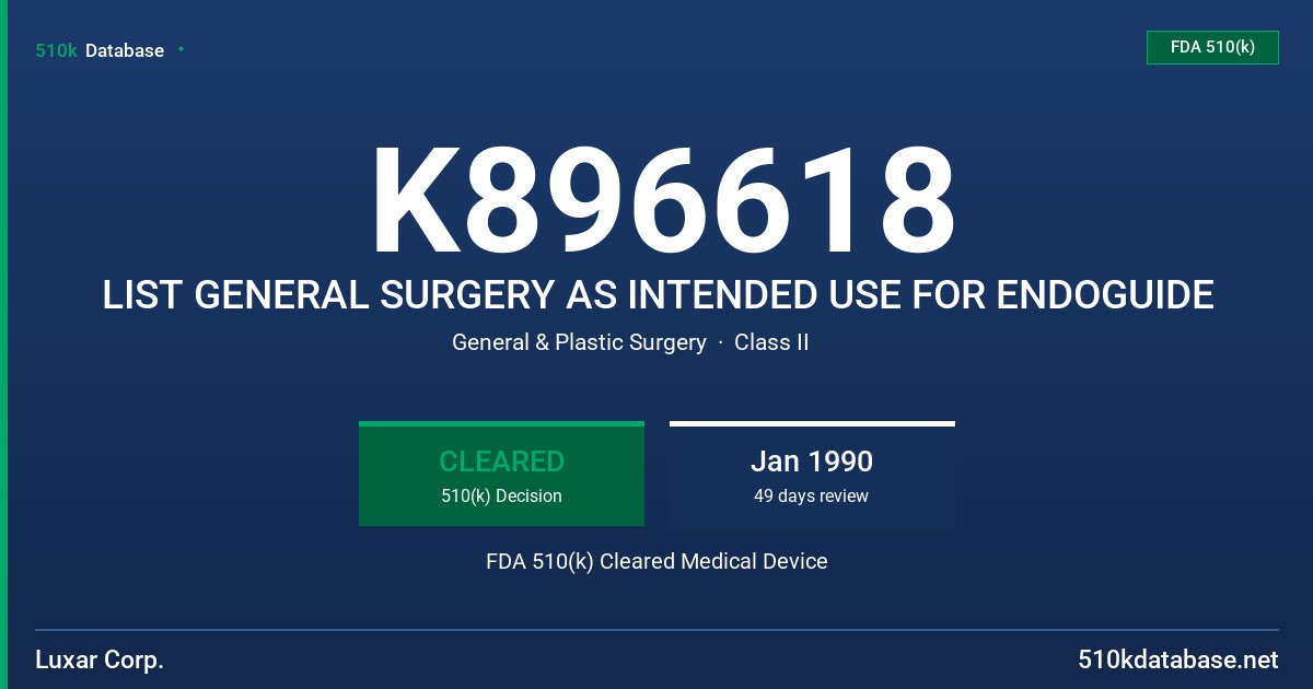 K896618 LIST GENERAL SURGERY AS INTENDED USE FOR ENDOGUIDE FDA 510(k) Cleared Medical Device