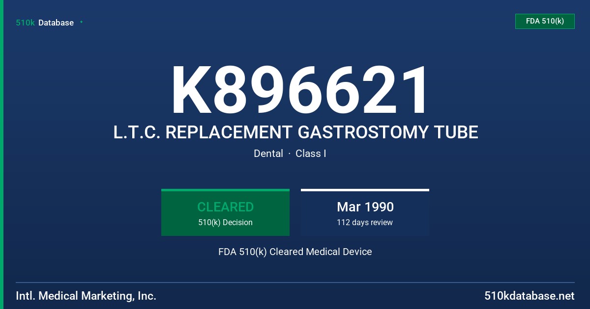 K896621 L.T.C. REPLACEMENT GASTROSTOMY TUBE FDA 510(k) Cleared Medical Device