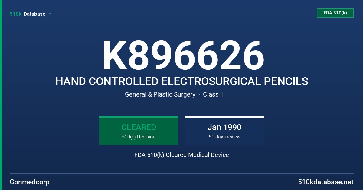 K896626 HAND CONTROLLED ELECTROSURGICAL PENCILS FDA 510(k) Cleared Medical Device