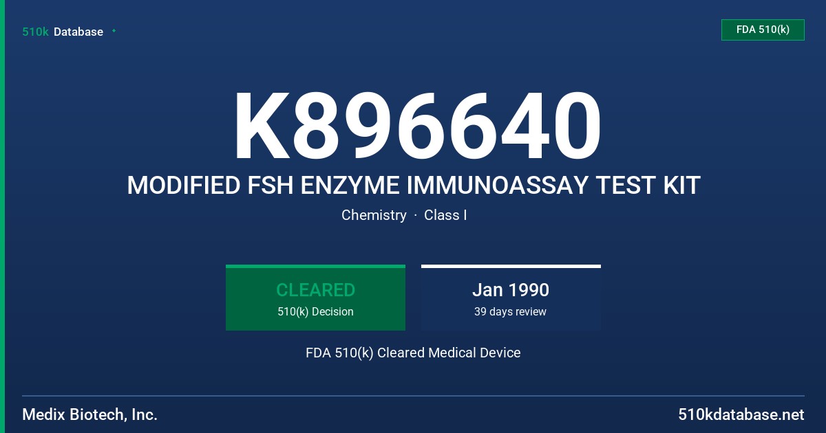 K896640 MODIFIED FSH ENZYME IMMUNOASSAY TEST KIT FDA 510(k) Cleared Medical Device