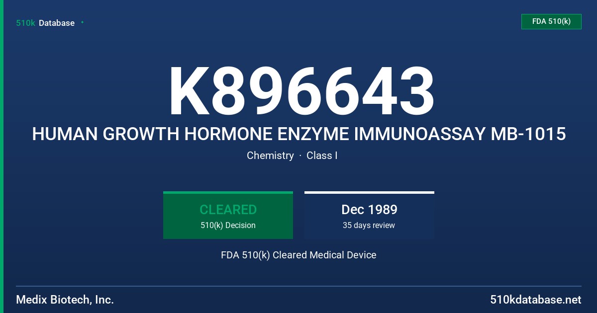 K896643 HUMAN GROWTH HORMONE ENZYME IMMUNOASSAY MB-1015 FDA 510(k) Cleared Medical Device
