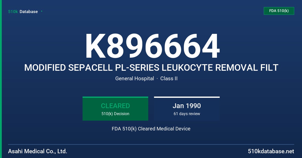 K896664 MODIFIED SEPACELL PL-SERIES LEUKOCYTE REMOVAL FILT FDA 510(k) Cleared Medical Device