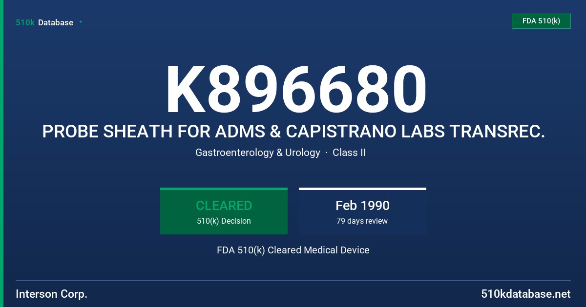 K896680 PROBE SHEATH FOR ADMS & CAPISTRANO LABS TRANSREC. FDA 510(k) Cleared Medical Device