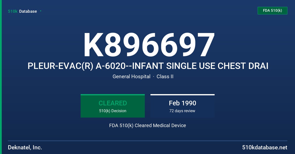 K896697 PLEUR-EVAC(R) A-6020--INFANT SINGLE USE CHEST DRAI FDA 510(k) Cleared Medical Device