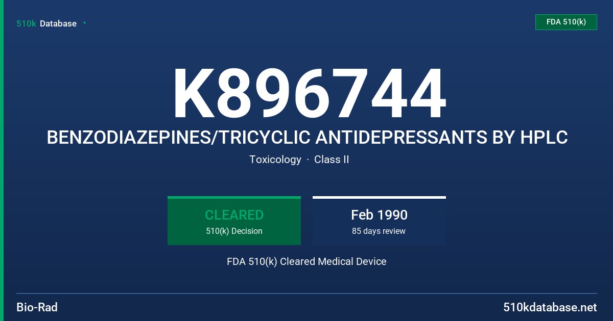 K896744 BENZODIAZEPINES/TRICYCLIC ANTIDEPRESSANTS BY HPLC FDA 510(k) Cleared Medical Device