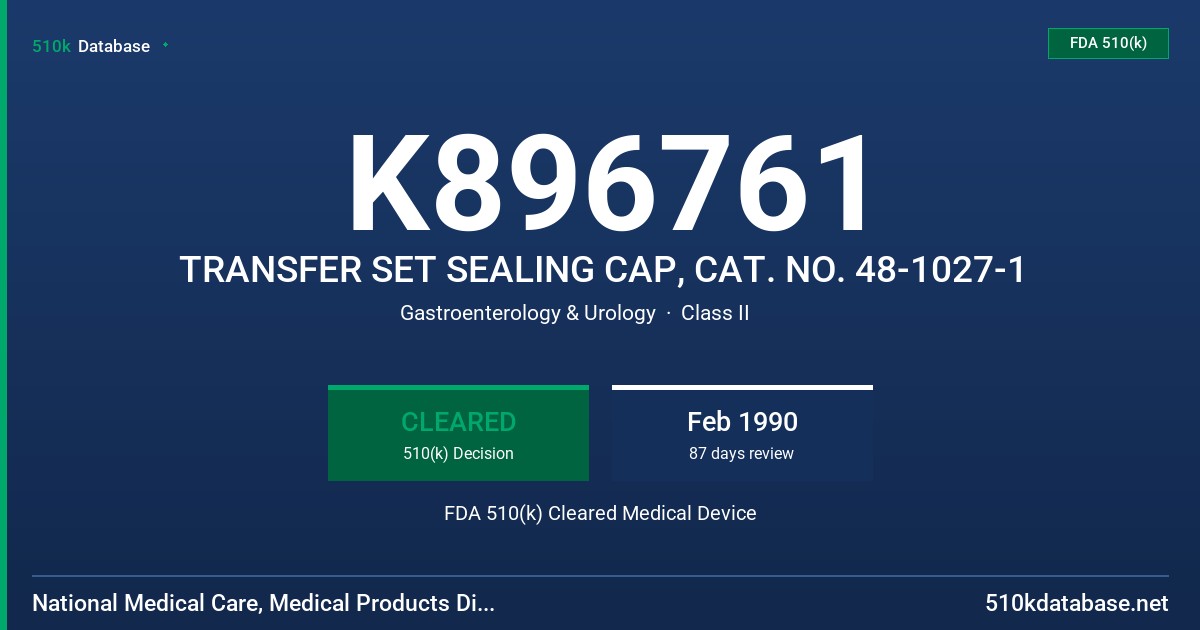 K896761 TRANSFER SET SEALING CAP, CAT. NO. 48-1027-1 FDA 510(k) Cleared Medical Device