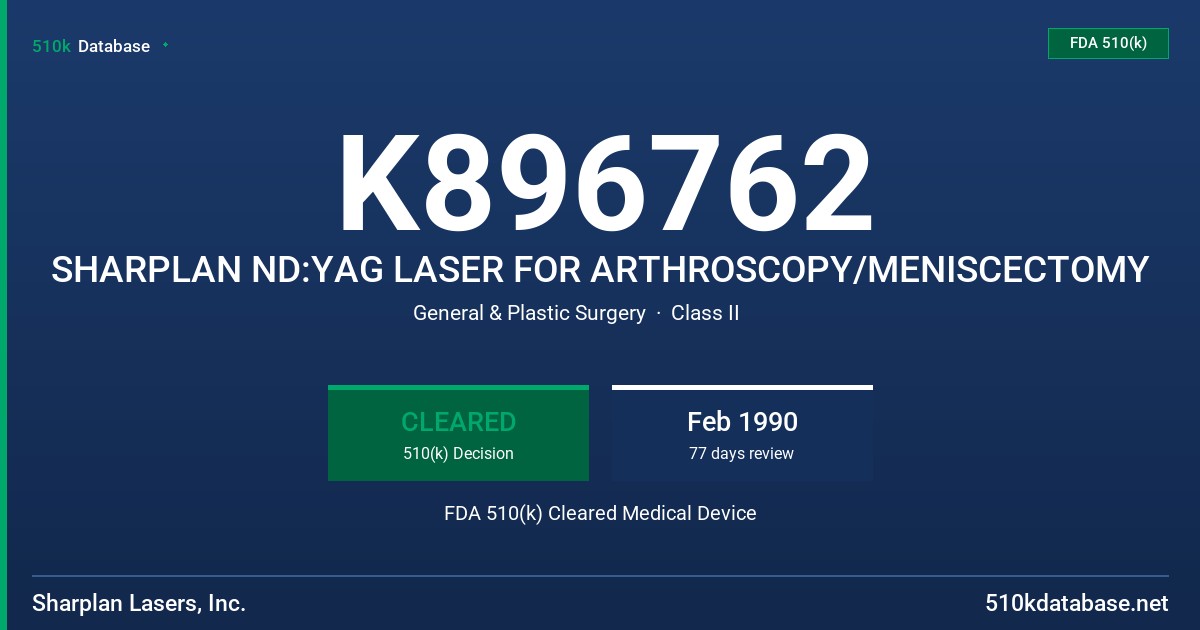 K896762 SHARPLAN ND:YAG LASER FOR ARTHROSCOPY/MENISCECTOMY FDA 510(k) Cleared Medical Device