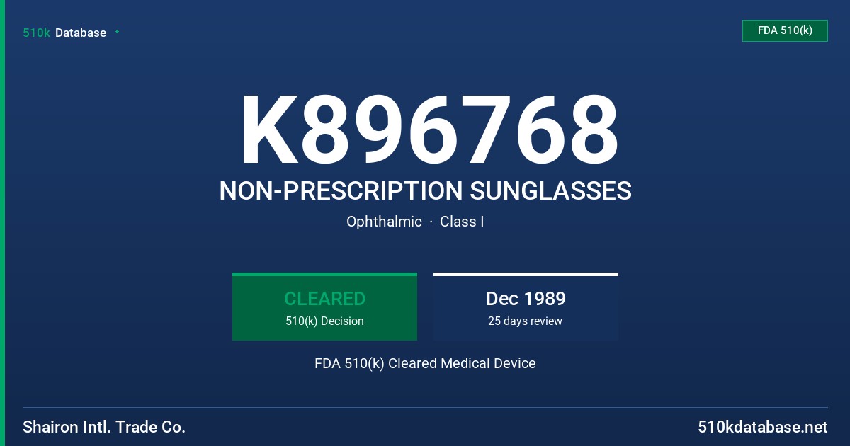 K896768 NON-PRESCRIPTION SUNGLASSES FDA 510(k) Cleared Medical Device