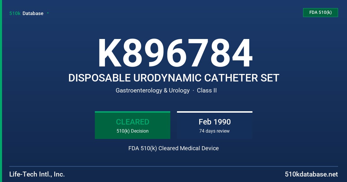 K896784 DISPOSABLE URODYNAMIC CATHETER SET FDA 510(k) Cleared Medical Device