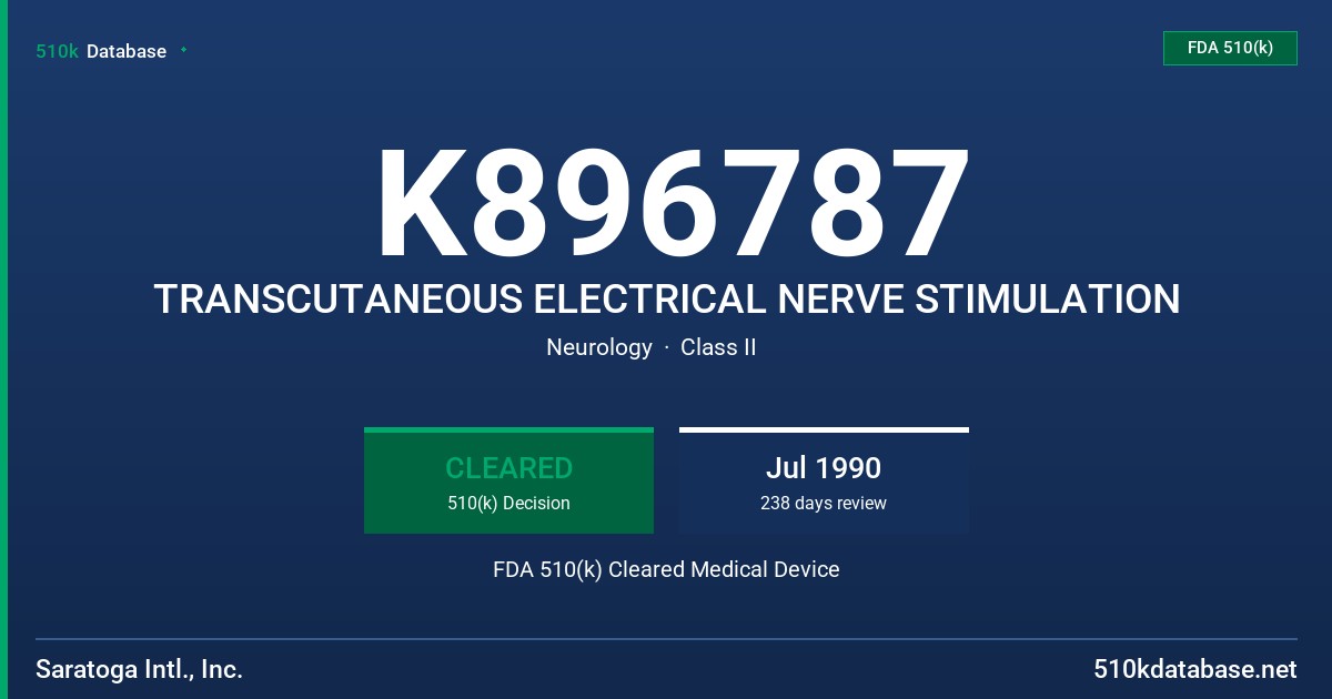K896787 TRANSCUTANEOUS ELECTRICAL NERVE STIMULATION FDA 510(k) Cleared Medical Device