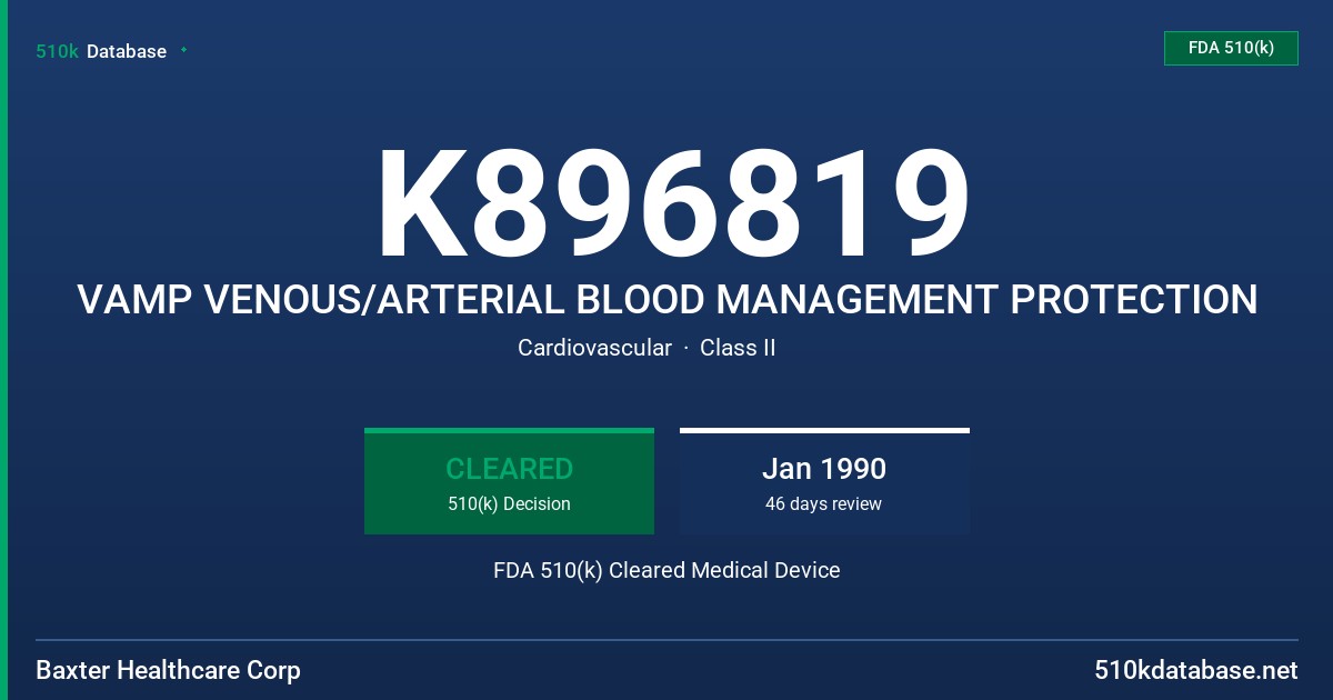 K896819 VAMP VENOUS/ARTERIAL BLOOD MANAGEMENT PROTECTION FDA 510(k) Cleared Medical Device