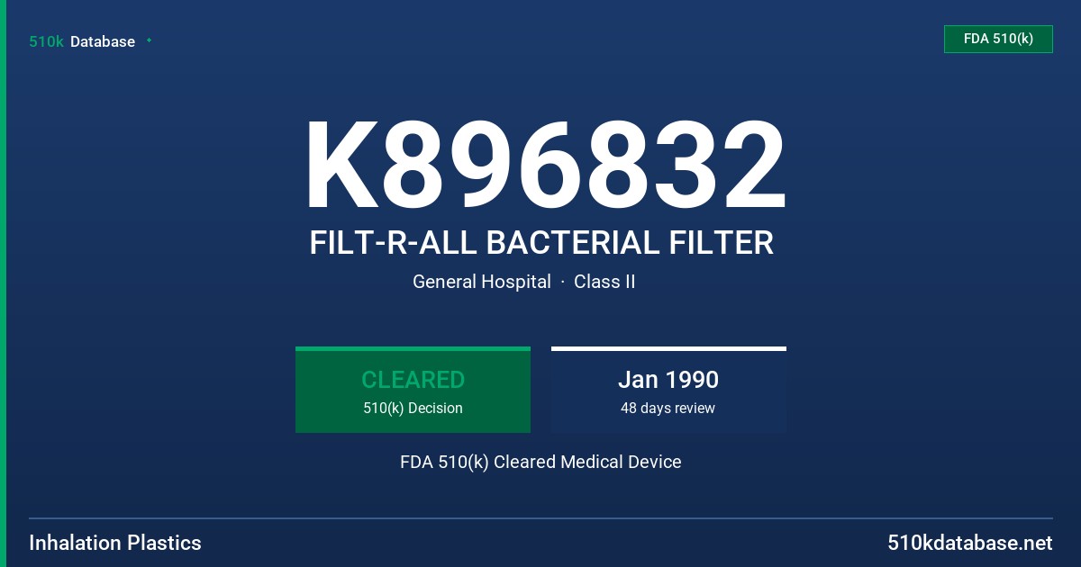 K896832 FILT-R-ALL BACTERIAL FILTER FDA 510(k) Cleared Medical Device