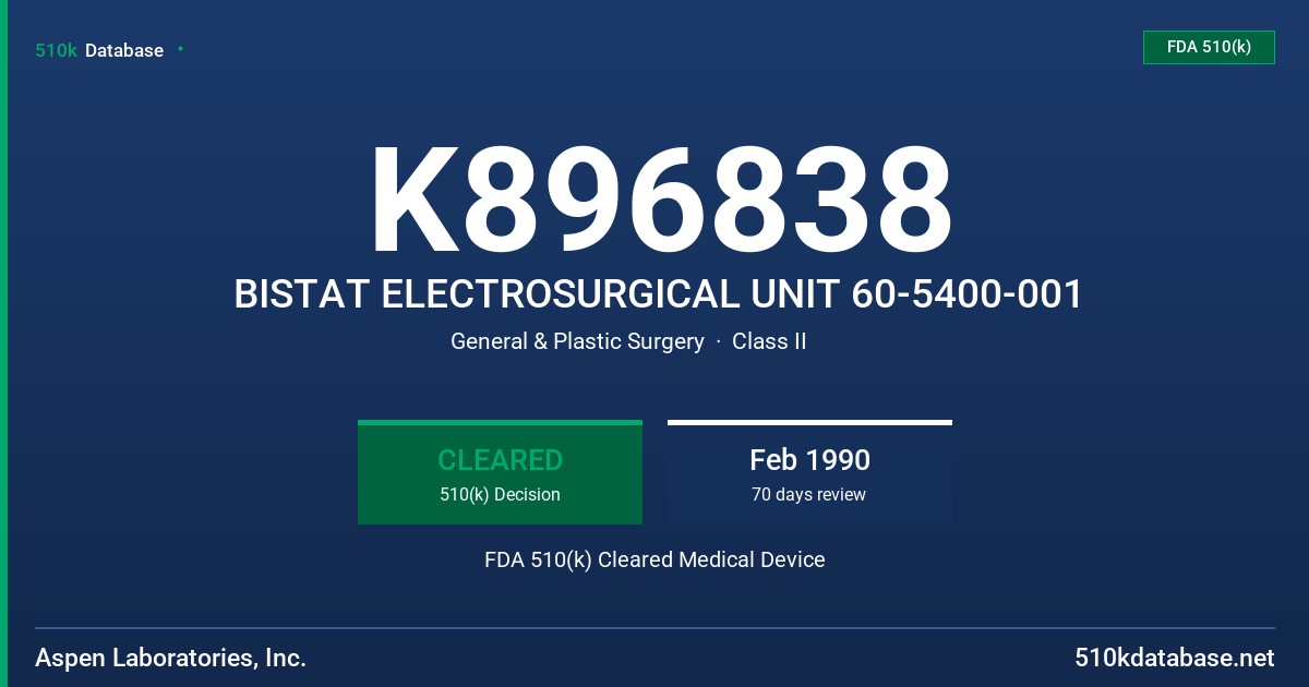 K896838 BISTAT ELECTROSURGICAL UNIT 60-5400-001 FDA 510(k) Cleared Medical Device