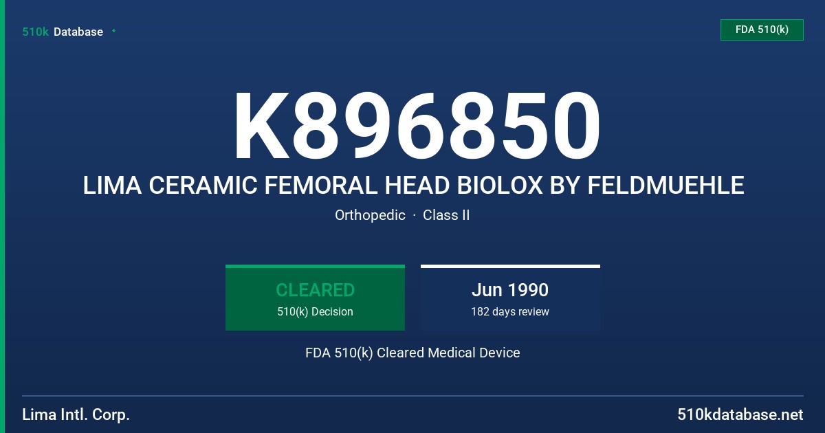 K896850 LIMA CERAMIC FEMORAL HEAD BIOLOX BY FELDMUEHLE FDA 510(k) Cleared Medical Device