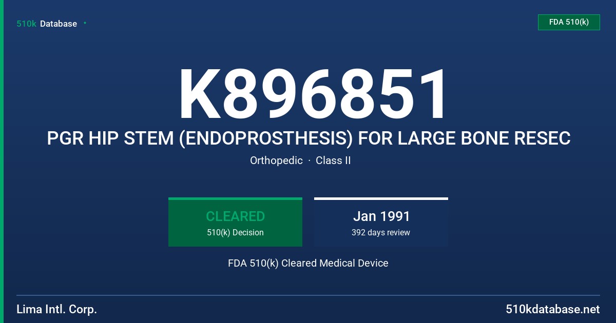 K896851 PGR HIP STEM (ENDOPROSTHESIS) FOR LARGE BONE RESEC FDA 510(k) Cleared Medical Device