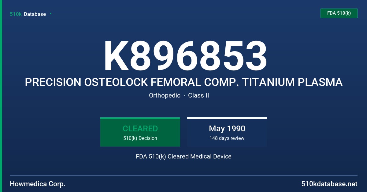 K896853 PRECISION OSTEOLOCK FEMORAL COMP. TITANIUM PLASMA FDA 510(k) Cleared Medical Device