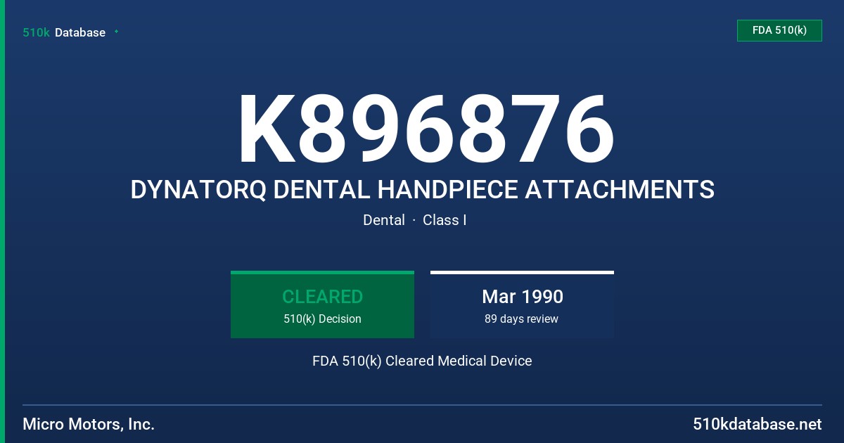K896876 DYNATORQ DENTAL HANDPIECE ATTACHMENTS FDA 510(k) Cleared Medical Device