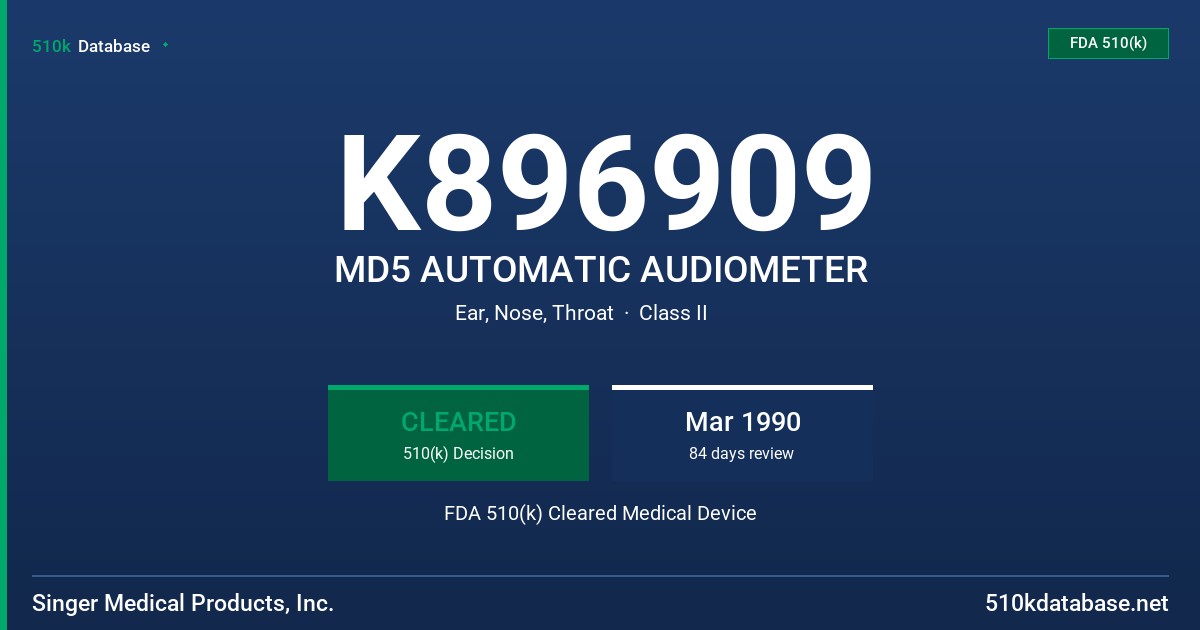 K896909 MD5 AUTOMATIC AUDIOMETER FDA 510(k) Cleared Medical Device